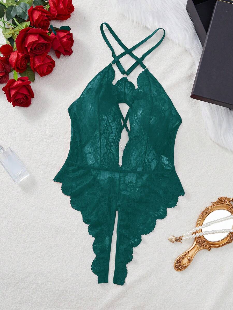 SHEIN 1 bộ đồ liền thân ren gợi cảm cỡ lớn - Màu xanh lá cây đậm - Xem 1