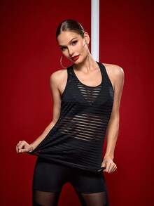 Menodora SHEIN Sport Mesh Insert Sports Tank Top Without Camisole - Black - View 6
