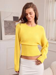 Hanevo Casual Round Neck Drawstring Waist Slim Fit Solid Color Knit Sweater, Versatile For Autumn/Winter - Light Yellow - View 7