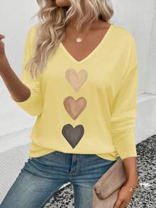 EMERY ROSE Women's V-Neck Cuff Sleeve, Popular Ombre Heart Print Casual Versatile Long Sleeve T-Shirt - Yellow - View 5