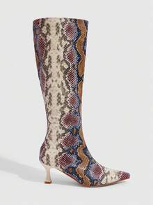 CUCCOO SZL Giày bốt cao đến đầu gối thời trang mũi nhọn họa tiết da rắn cho nữ, thiết kế khóa kéo bên hông - Nhiều màu - Xem 3