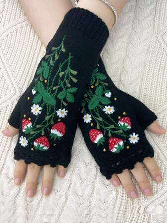Fairycore 2 Stücke/Set Hippie Vintage bestickte Erdbeere & Gänseblümchen Boho Stil Damen Handschuhe, warm für den täglichen Gebrauch