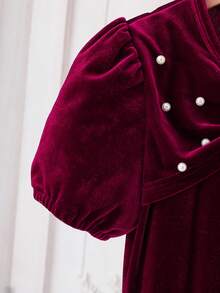 Glamorique Kids Girls' Elegant Vintage Style Dress, Burgundy Short Sleeve With Bow Tie & Pearl Decor, Round Neck, Waist Cinched, Suitable For Christmas, Halloween, Birthday, Spring/Autumn - Burgundy - View 6