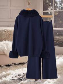 Linhara Plus Size Solid Color Fur Collar Warm Front Button Casual Knit Cardigan And Pants Sweater Set - Navy Blue - View 2