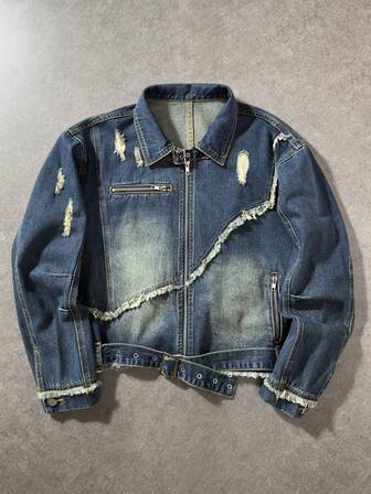 Street Life Men's Long Sleeve Zip Front Punk Distressed Casual Denim Jacket