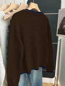 Franclia French Retro Loose Crew Neck Long Sleeve Contrast Trim Knit Cardigan For Women, Autumn/Winter - Brown - View 2