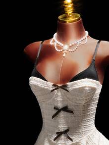 Amplova 女士优雅撞色蝴蝶结装饰吊带迷你连衣裙，夏季 - 杏色 - 查看 4