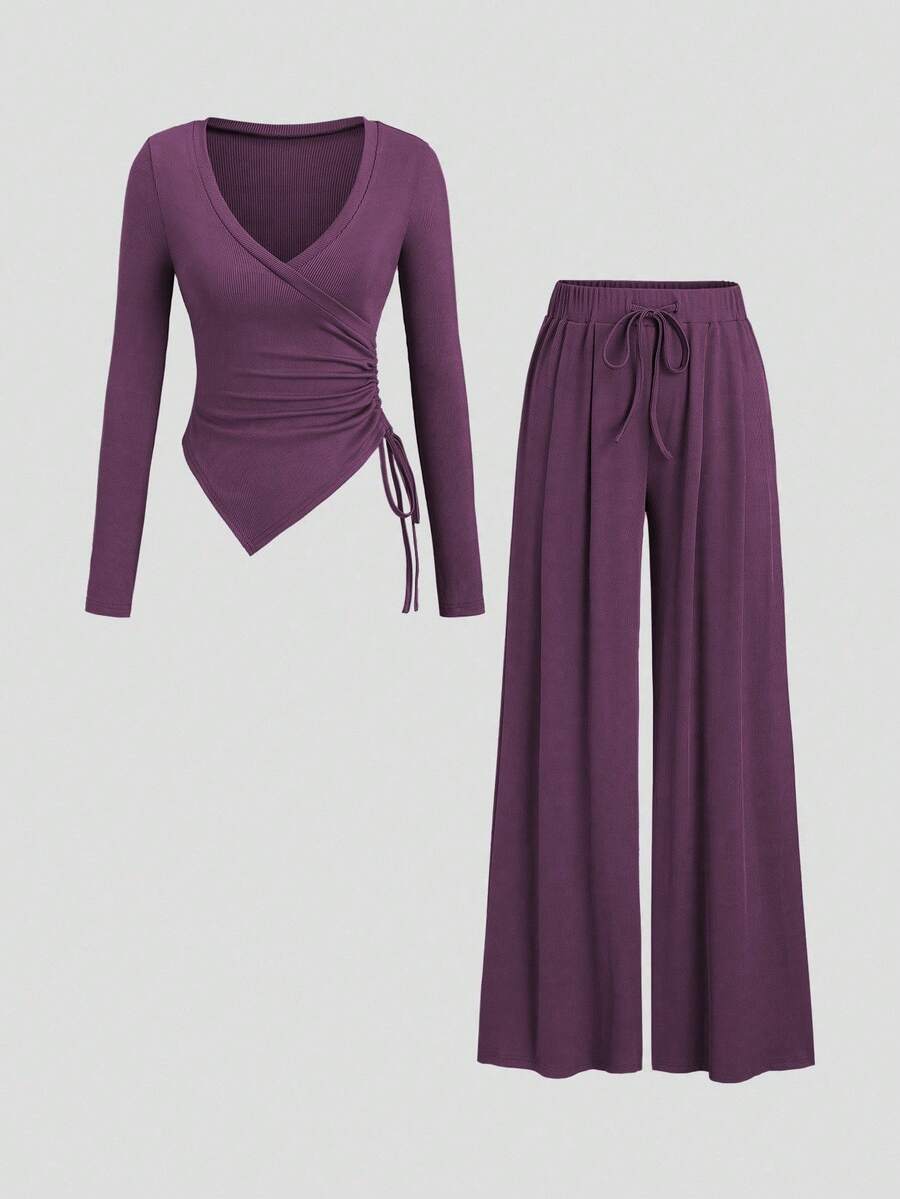 Sweetra Women's Asymmetrical Gray Top & Wide Leg Pants 2 Pieces Set, Spring/Summer Purple Two Piece Set Women Wide Leg Pants Set - Purple - View 1