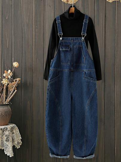 EMERY ROSE Women's Pocket Design Wide Leg Loose Casual Denim Jumpsuit,Tapered Denim Overalls,Cuffed Hem Overalls,Multi-Pocket Overalls,Carpenter Style Overalls,Office Casual Denim Overalls,Outdoor Style Denim Overalls,Winter Outfits For Women,Christmas Outfit Ideas,Holiday Travel Outfit,Christmas Look