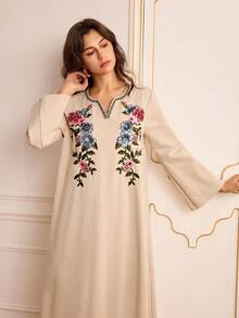 Lilora Women's Elegant Floral Sequin V-Neck Long Sleeve Loose Long Dress Romantic, Elegant, And Suitable For Commuting Sequin Embroidered Long Dress Embroidered Dress Floral Applique Dress Modest Tops For Women Women's Sophisticated And Elegant Outfits Beige Dress For Women Arabic Style Abayas Dubai Luxury Abaya For Women Dubai - Khaki - View 8
