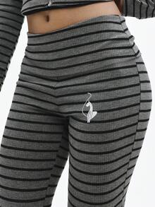 BABYPHAT 翻折腰带条纹罗纹高腰喇叭裤，适合秋冬季休闲穿着 - 深灰色 - 查看 7