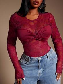Radiana Body de encaje transparente y sexy para mujer de talla grande, adecuado para citas, fiestas, salidas, fiesta de Nochebuena - Rojo - Ver 1