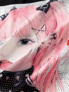 ROMWE MEN Anime Camiseta de manga corta de jersey deportivo para hombre, con parches de tela de malla, para verano