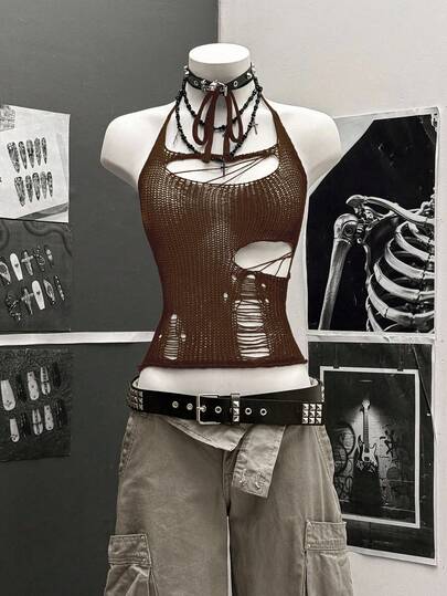 StreetHx 街头风女款纯黑色镂空钩针无袖针织上衣