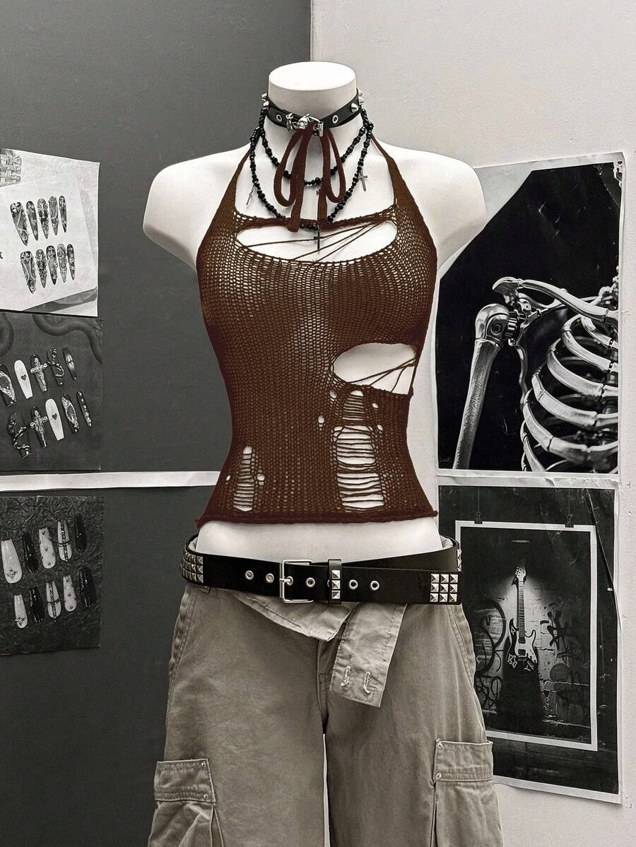 StreetHx 街头风女款纯黑色镂空钩针无袖针织上衣 - 咖啡棕 - 查看 1