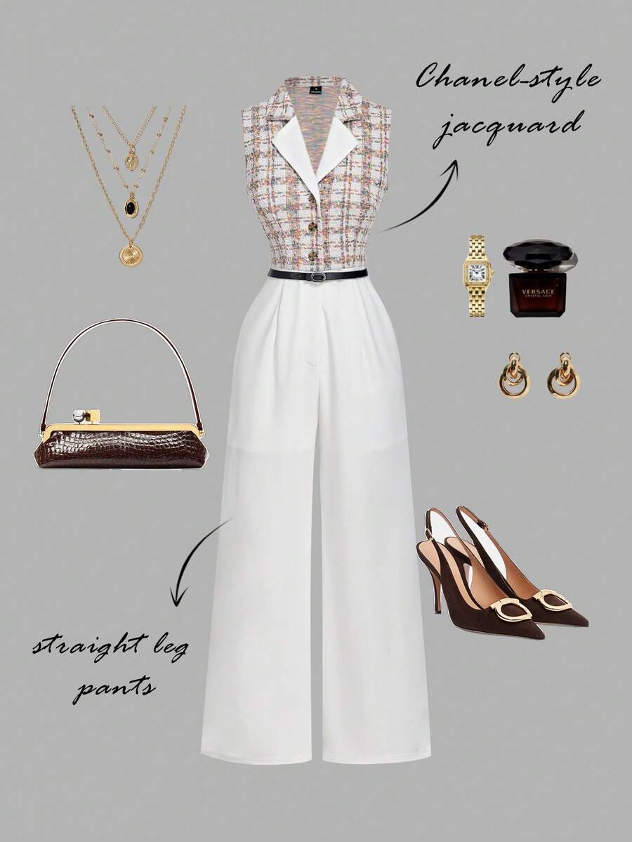 SHEIN MOD 格纹拼布翻领阔腿连体裤（配腰带）- 复古 70 年代、Y2K、约会、派对、宫廷、节日、生日、返校学院风、商务休闲女装 - 白色 - 查看 1