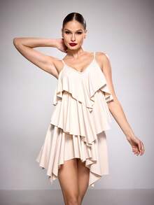 Menodora SHEIN Sport Váy khiêu vũ Latin nhiều lớp màu trơn thanh lịch dành cho nữ - Vàng - Xem 6