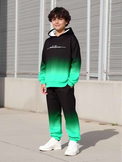 Tween Boy Letter Print Ombre Hoodie And Sweatpants Casual Outfit