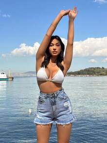 SHEIN 100%Cotton Blue Label Detailed Short With Destroy - Light Wash - View 8