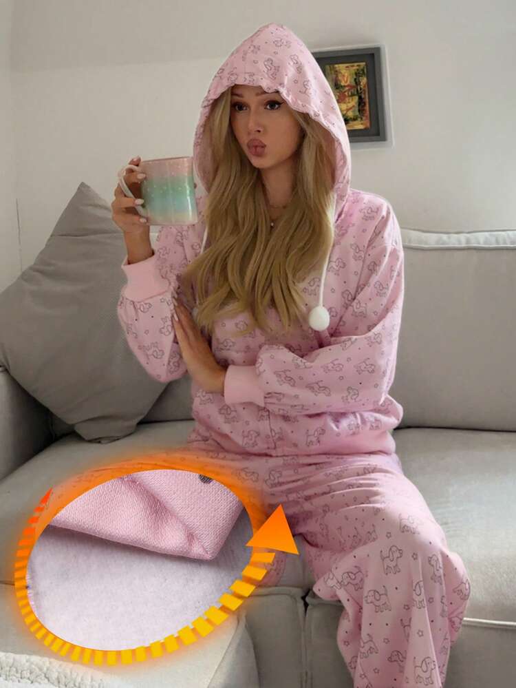 Women's Dog Print Thermal Lined Hoodie Pajama Set, Autumn/Winter