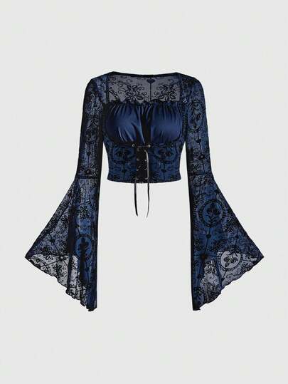 Gothic Palace Style Halloween Party Flocked Cross Floral Mesh Patchwork Lace-Up Waist Blouse For Women