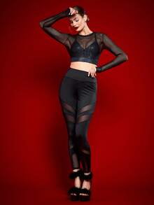 Menodora SHEIN Sport Women's Contrast Mesh Sports Leggings Yoga Pants - Black - View 5