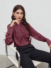 BizChic 2026 Spring/Summer New Arrival Smoked Pink Pleated Collar Design Women's Pullover Blouse, Vintage Chic Urban Commute Everyday Casual Romantic Outfit, 90s Style, Suitable For Christmas, New Year, Thanksgiving, Elegant Party, Beach, Graduation, Versatile & Minimalist, Suitable For Wedding Guest, Host, Date, Party, Concert, Brunch, Airport And Multi-Occasion - Purple - View 7