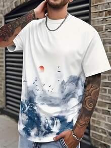 Manfinity Dauomo 中国传统山水画风格印花短袖T恤，男士休闲上衣 - 白色 - 查看 1