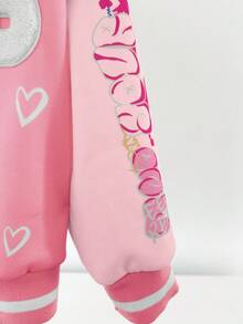 SHEIN Sparklyn Young Girls Adorable Pink Regular Length Jacket Feature Cartoon Print Baseball Collar Long Sleeves And Tight Hem - Pink - View 8