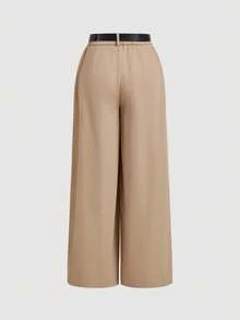 SHEIN MOD Khaki Wide Leg Pants With Belt For Plus Size Women, Retro Style In Fall/Winter - Coffee Brown - View 2