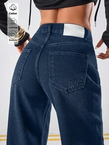 WOMEN CLASSIC HIGH WAIST WIDELEG BLACK WASH DENIM JEAN BACK LABEL AND RİVET - Medium Wash - View 1