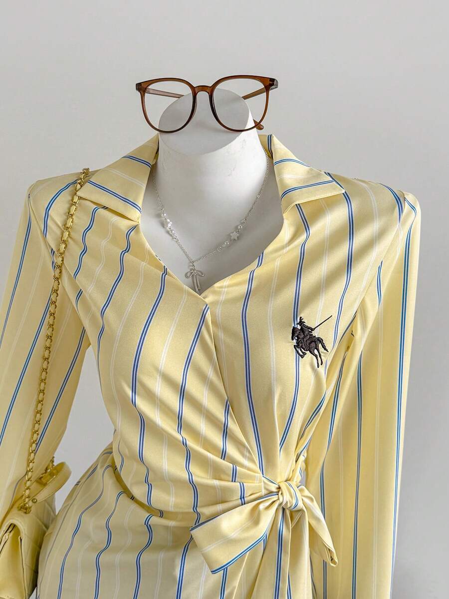 Comfortcana Blue And Yellow Striped Asymmetrical Tie Front Blouse,Autumn Elegant Brunch Women Christmas New Year 70s Tops,Yellow Stripe Tie Strap Blouses - Multicolor - View 1