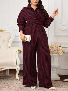 Modelyn Plus Size Women Drop Shoulder Striped Long Sleeve Shirt And Wide Leg Pants Casual 2-Piece Set - Burgundy - View 5