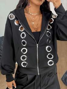 Coolane 女士秋冬街头风Y2K朋克风带口袋拉链舒适黑色连帽卫衣 - 黑色 - 查看 6