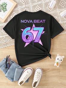 Summer & Autumn Tween Girl Casual Fashionable Creative Personalized Refreshing Chic Minimalist Cool Virtual Girl Group Colorful Pentagram Number 67 Graphic Letter Slogan Print Relaxed Basic Short T-Shirt, Comfortable Cozy Fall Styles Suitable For Summer & Autumn Girls - Black - View 2