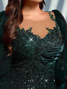 Glamrae 加大码优雅奢华祖母绿亮片撞色网眼灯笼袖修身美人鱼下摆拖尾长裙，适合晚会、约会、舞会、婚礼、毕业典礼（重磅装饰） - 墨綠色 - 查看 4