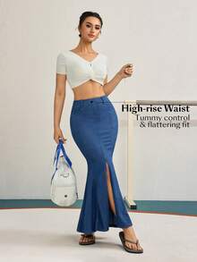 Flexra 女士纯色弹力口袋鱼尾修身牛仔裙 - 深色水洗藍 - 查看 6