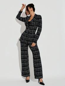 SHEIN PETITE 女士优雅格纹翻领长袖外套和裤子套装，适合派对和晚宴穿着，春夏/夏秋两季女装，适合办公室穿着，女士套装 - 黑與白 - 查看 7