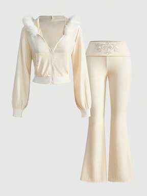 Grunge Punk Y2K Velvet Cropped Hoodie And Low-Rise Flare Pants 2 Pieces Set For Women