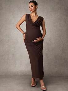 MaterniChic 孕妇纯色垂褶领褶皱修身无袖连衣裙 - 棕色 - 查看 2