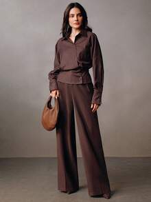 Anewsta Women's Asymmetrical Ruffle Design Long Sleeve Blouse, Spring/Autumn - Brown - View 1