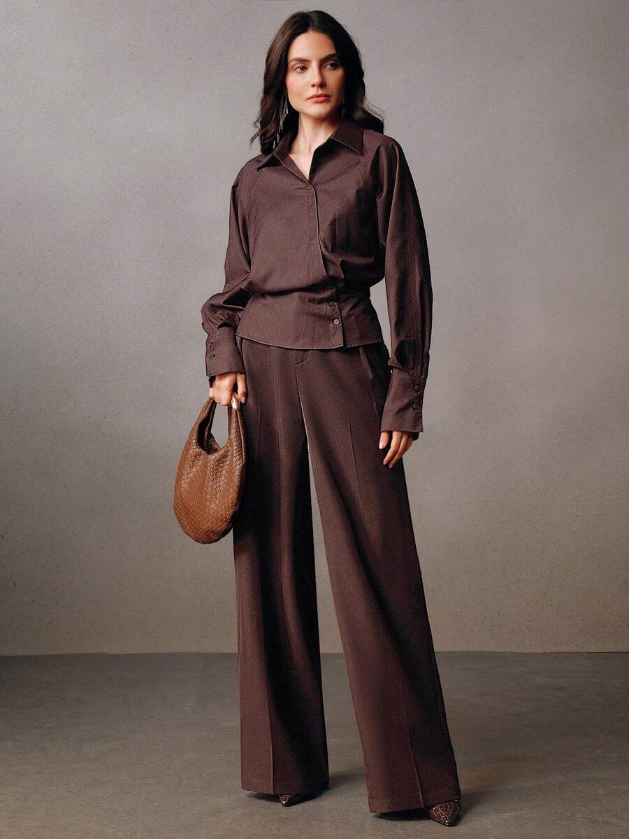 Anewsta Women's Asymmetrical Ruffle Design Long Sleeve Blouse, Spring/Autumn - Brown - View 1