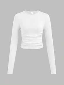 SHEIN Girlism Bộ 3 áo thun tay dài cổ tròn màu trơn cho bé gái tuổi teen - Màu Đỏ Sâu - Xem 8