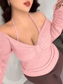 Vibekara Autumn/Winter Bowknot Drawstring Tie Design High-End Apricot Color Pullover Sweater - Pink - View 6
