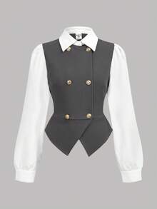 SHEIN Teen Girls Shirt Co-Ords Patchwork Double-Breasted Lapel Shirt & Solid Color Pants Casual Suit Set