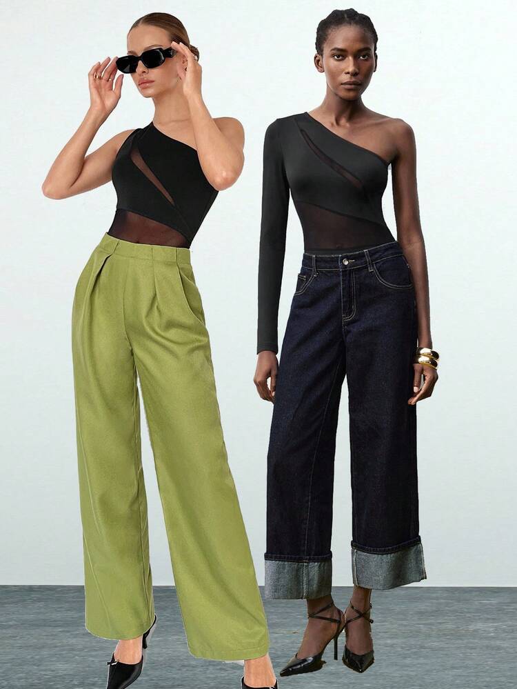 SHEIN Maija 2026 Spring & Summer Women's Mesh Splice Asymmetric Collar Bodysuit, Suitable For Wedding Guest, Host, Date, Party, Concert, Brunch, Airport, Multi-Occasion,Black  St Patrick's Day Women Easter Summer Outfits Easter Dress Women Party Top Beach Dress Summer Holiday Outfits Each Vacation Outfits For Women  Summer Outfit For Women Going Out Outfits Graduation Graduation Outfit  Casual Dresses  Casual Blouses For Women