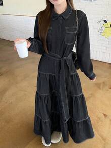 DAZY 复古收腰显瘦宽松中长款连衣裙衬衫，适合女士穿着。 - 藏蓝色 - 查看 1