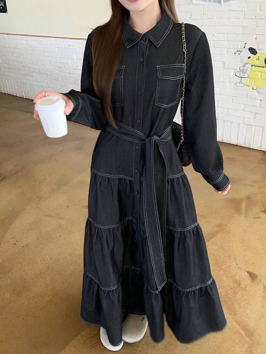 DAZY 复古收腰显瘦宽松中长款连衣裙衬衫，适合女士穿着。 - 藏蓝色 - 查看 1