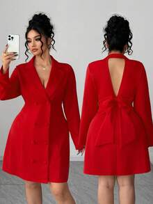 Elenzga Vestido de doble botonadura con lazo y espalda descubierta, talla grande, para el Día de San Valentín - Rojo - Ver 1
