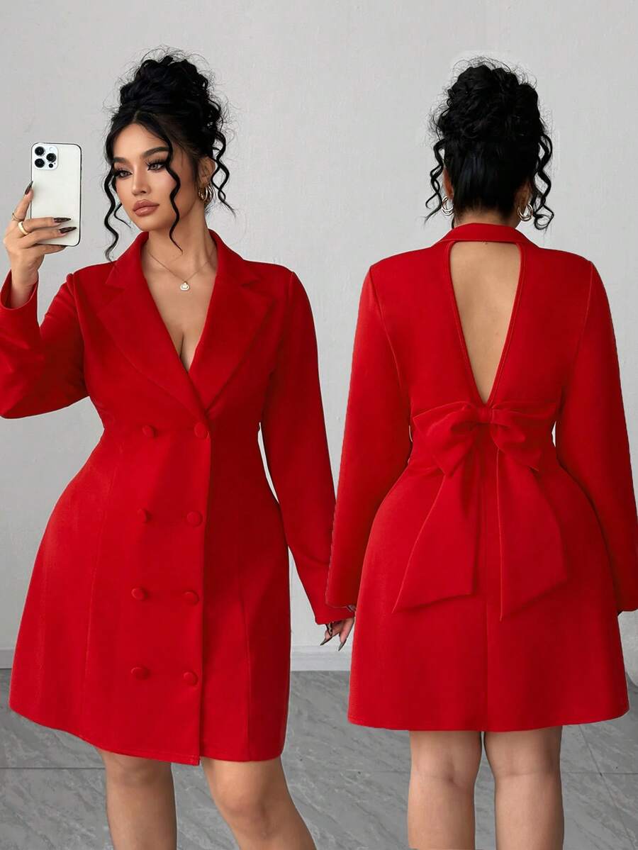 Elenzga Vestido de doble botonadura con lazo y espalda descubierta, talla grande, para el Día de San Valentín - Rojo - Ver 1